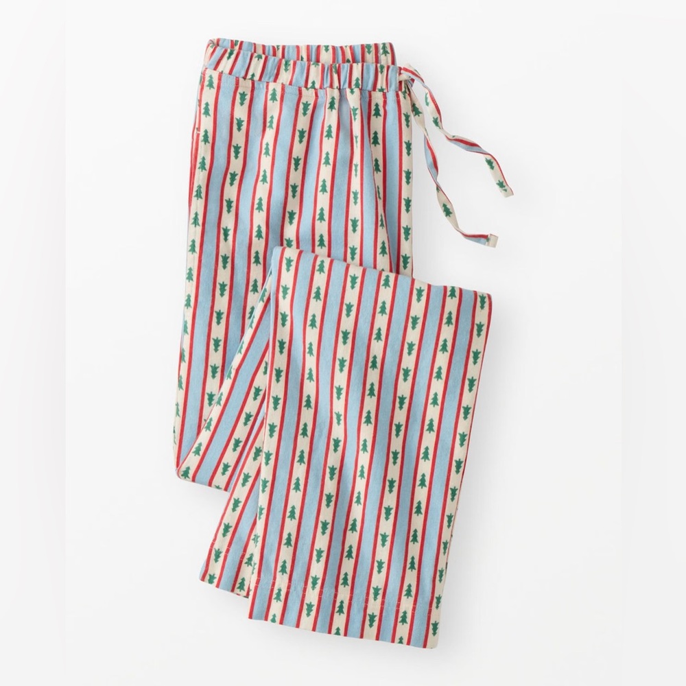 Hanna Andersson Adult Holiday Flannel Pajama Pants Tree Ribbons on Blue Large